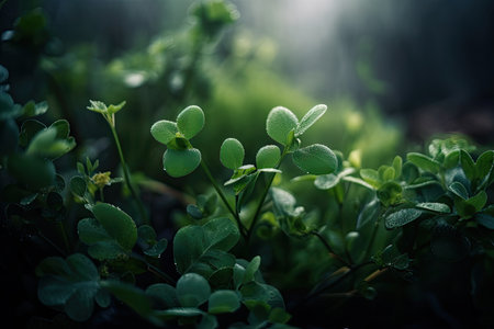 macro view of green plants in the misty morning light, created with generative aiの素材