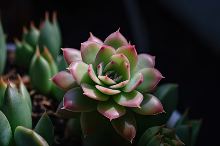 macro view of a succulent with green leaves and pink flowers, created with generative aiの素材