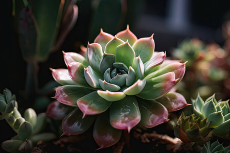 macro view of a succulent with green leaves and pink flowers, created with generative aiの素材