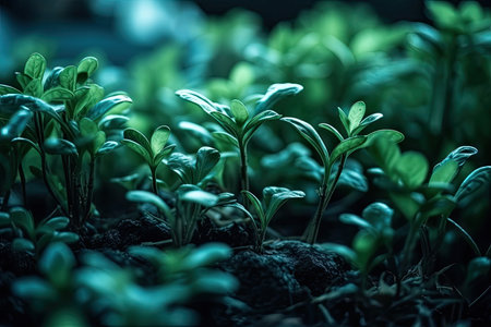 macro view of green plants growing in abstract background, created with generative aiの素材