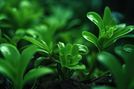 macro view of green plants growing in abstract background, created with generative aiの素材