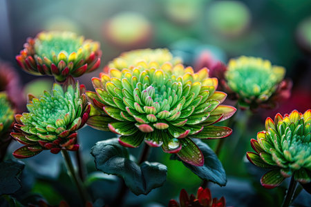 macro view of vibrant green plants with colorful blooms, created with generative aiの素材