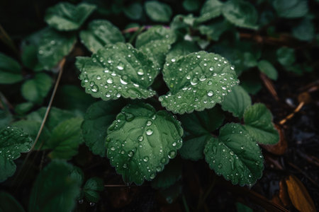 macro view of green plants with dew droplets on leaves, created with generative aiの素材