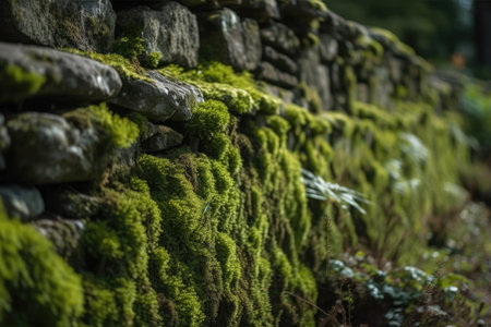 close-up of green moss on stone wall, created with generative aiの素材