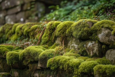 close-up of green moss on stone wall, created with generative aiの素材