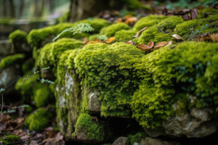 close-up of green moss on stone wall, created with generative aiの素材