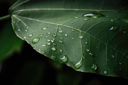 close-up of green leaf, with droplets of water on the surface, created with generative aiの素材