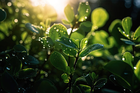 close-up of green plants, with water droplets and sunlight shining through, created with generative aiの素材
