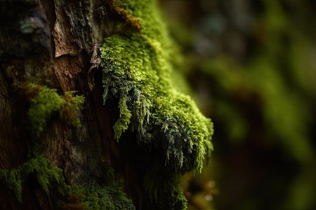 macro view of green moss on tree trunk, in shaded forest, created with generative aiの素材