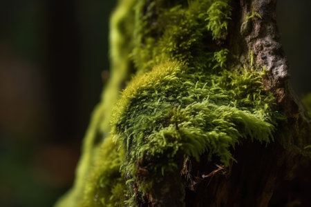 macro view of green moss on tree trunk, in shaded forest, created with generative aiの素材