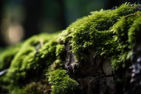 macro view of green moss on tree trunk, in shaded forest, created with generative aiの素材