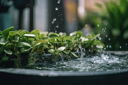 macro view of green plants growing in water fountain, created with generative aiの素材