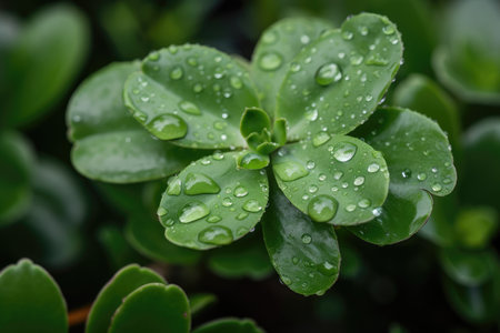 close-up of green plant with dew droplets on the leaves, created with generative aiの素材
