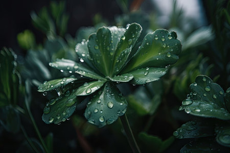 close-up of green plant with dew droplets on the leaves, created with generative aiの素材
