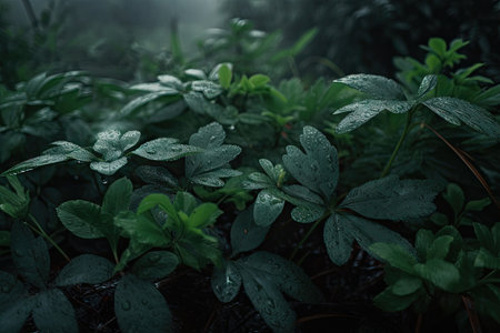 green plants in the mist, with water droplets on leaves, created with generative aiの素材