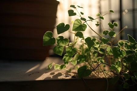 scene with close-up of green plant, soaking up the sun, created with generative aiの素材