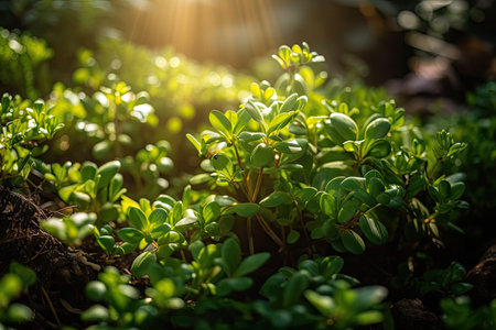macro view of green plants with the sun shining down on them, created with generative aiの素材