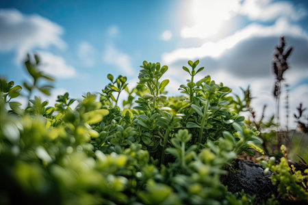 macro view of green plants and blue sky, with clouds in the background, created with generative aiの素材