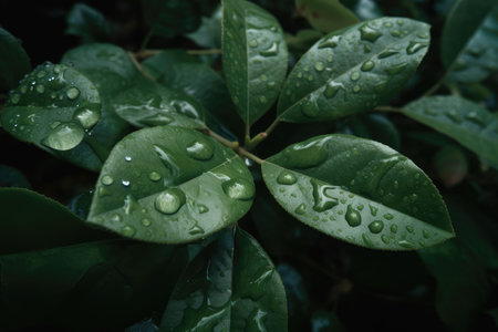 close-up of green leaves, with drops of water clinging to their surface, created with generative aiの素材