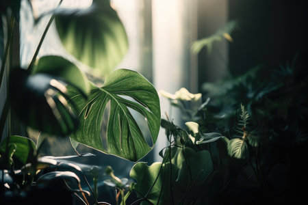 green plants in morning light, with soft shadows and gentle reflections, created with generative aiの素材