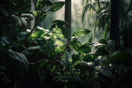 green plants in morning light, with soft shadows and gentle reflections, created with generative aiの素材