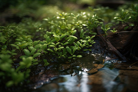 a macro view of green plants in a shallow stream, created with generative aiの素材