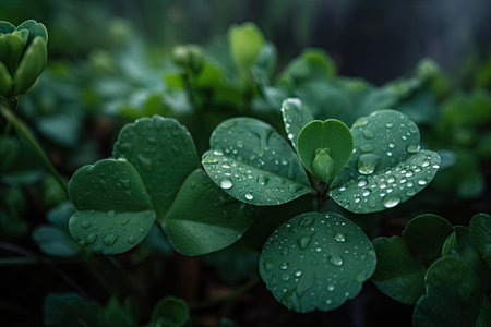 macro view of green plants with dew on the leaves, in the morning, created with generative aiの素材