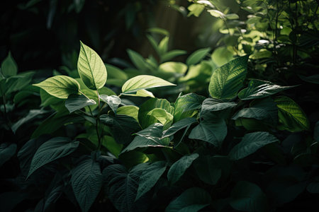 green plants, with the light filtering through and illuminating their leaves, created with generative aiの素材