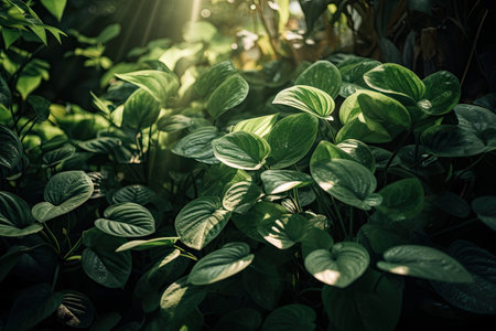 green plants, with the light filtering through and illuminating their leaves, created with generative aiの素材
