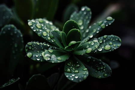 macro view of green plant with dew drops on its leaves, created with generative aiの素材