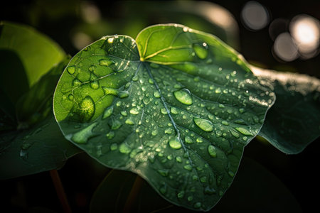 macro view of green leaf, with droplets of dew and sunlight shining through, created with generative aiの素材