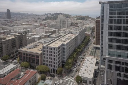 high-rise with view of bustling city center, people and cars in the foreground, created with generative aiの素材