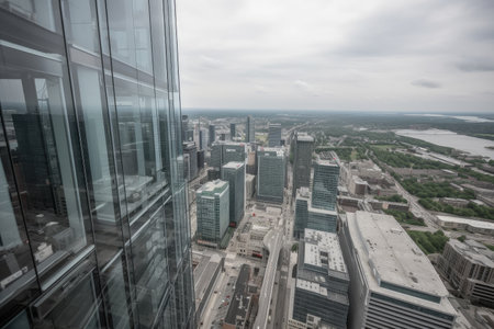 high-rise with view of busy metropolis, featuring towering glass and metal structures, created with generative aiの素材