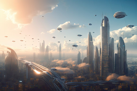 skyline of futuristic city, with towering buildings and flying cars, created with generative aiの素材