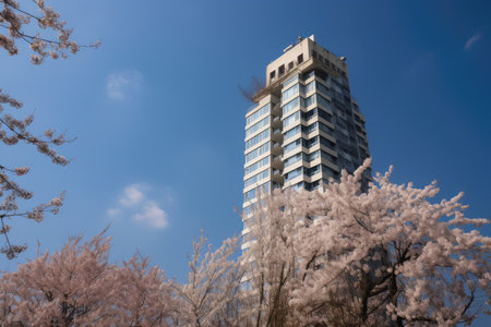 high-rise covered in blooming cherry blossoms against the blue sky, created with generative aiの素材