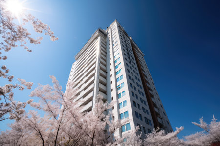 high-rise covered in blooming cherry blossoms against the blue sky, created with generative aiの素材