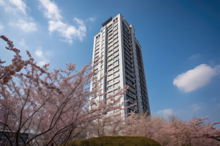 high-rise covered in blooming cherry blossoms against the blue sky, created with generative aiの素材