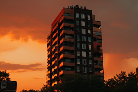 high-rise at sunset, with the sky turning a shades of orange and red, created with generative aiの素材