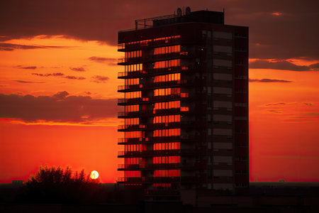 high-rise at sunset, with the sky turning a shades of orange and red, created with generative aiの素材