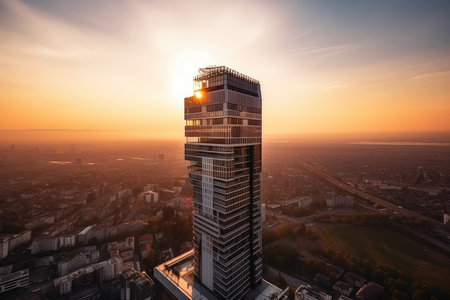 modern high-rise, with panoramic view of city and its landmarks, at sunset, created with generative aiの素材
