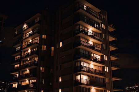a high-rise in the evening, with slow motion shots of lights coming on, created with generative aiの素材