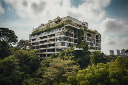 modern high-rise with clear glass windows and sleek design, surrounded by lush greenery, created with generative aiの素材