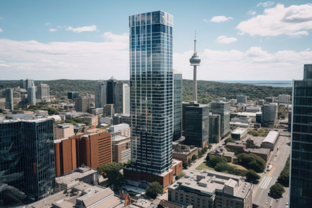 high-rise tower, with view of vibrant cityscape and bustling streets below, created with generative aiの素材