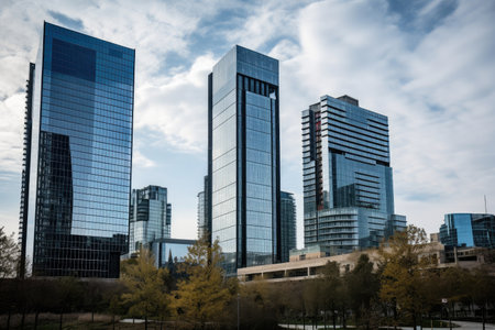 city skyline, with towering glass buildings and modern architecture in the foreground, created with generative aiの素材
