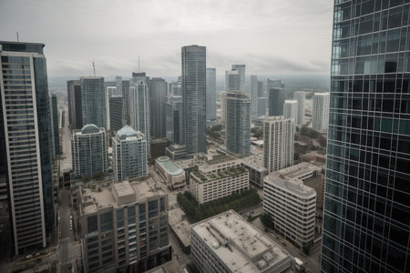 high-rise with view of the cityscape and bustling streets, surrounded by modern buildings and sleek architecture, created with generative aiの素材