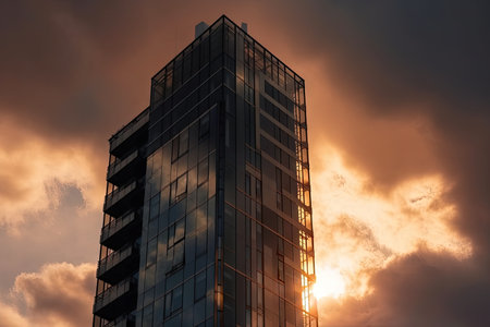 close-up of modern skyscraper with sunset sky and clouds in the background, created with generative aiの素材