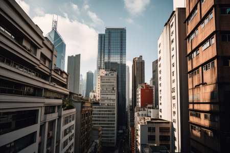 view of sleek, contemporary high-rise buildings in bustling metropolis, created with generative aiの素材
