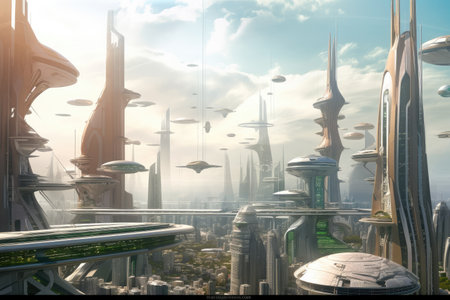 view of futuristic city with towering skyscrapers and flying cars visible in the distance, created with generative aiの素材