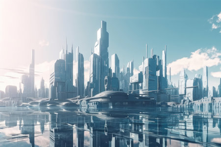 skyline of futuristic metropolis with towering glass and steel buildings, created with generative aiの素材