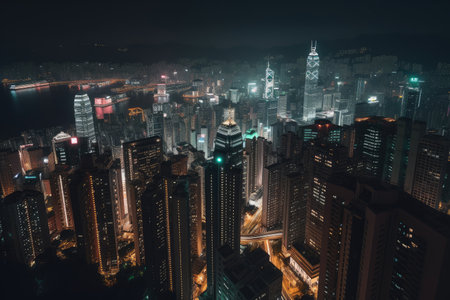 skyscraper, with view of the city at night, and bright lights shining on the streets, created with generative aiの素材